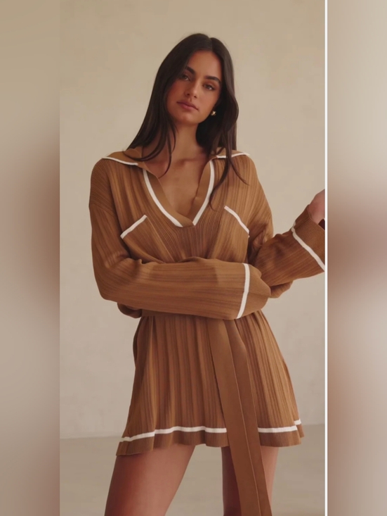 Sabo Skirt Dresses & Skirts - NWT Sabo Skirt Brown Pleated V-Neck Long Sleeve Dress with White Trim